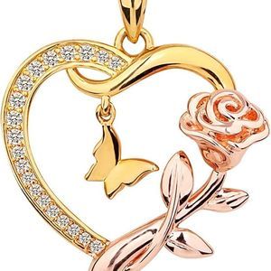 Heart Shaped Butterfly Rose Pendant Necklace 925 Sterling Silver,